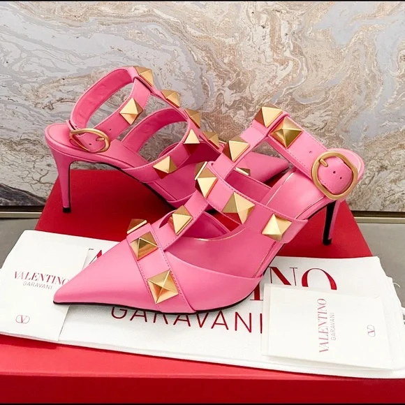 Shoes New Valentino Roman Stud Pink Calfskin Leather Ankle Strap
